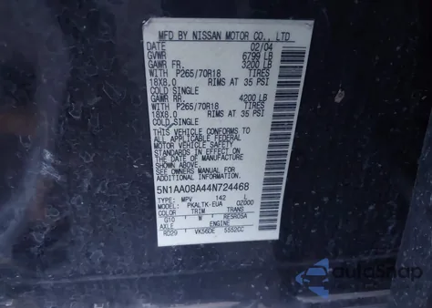 2004 Nissan Pathfinder Armada Se from USA, damaged, VIN 5N1AA08A44N724468